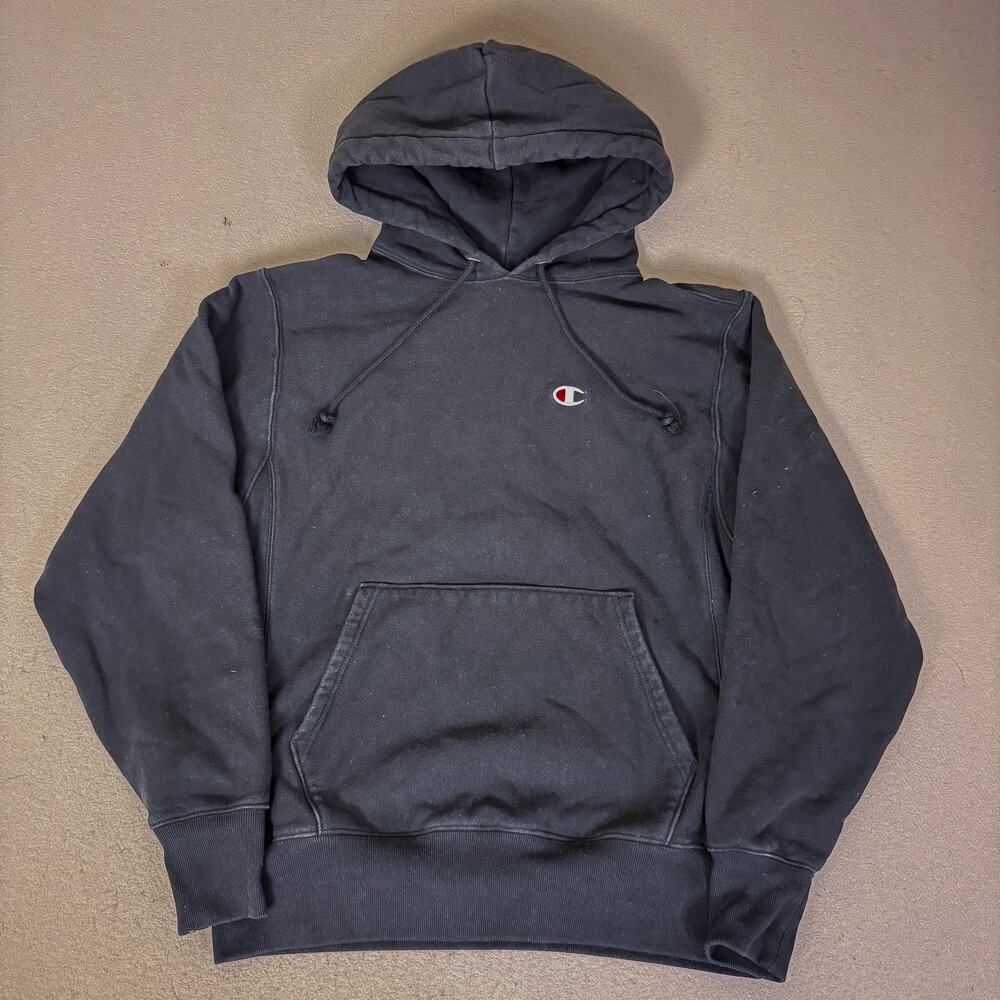 Champion Reverse Weave Hoodie Black Pullover Logo Sweatshirt Mens M